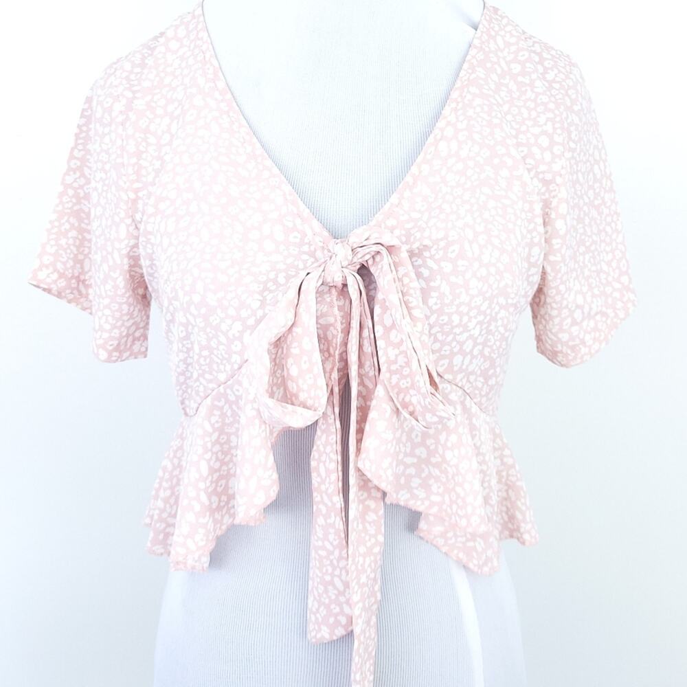 Shein Front Tie Blouse Small Pink White Ditsy Animal Print Short Sleeve Summer